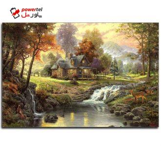 تابلو شاسی طرح نقاشی منظره خانه و رود