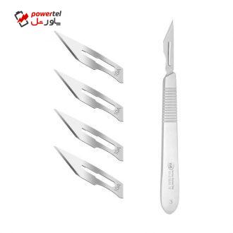 دسته تیغ جراحی اسکاب مدل MFN09631 شماره 3 به همراه تیغ استریل هاینز کد SKJQ02369 بسته 4 عددی