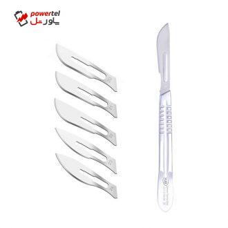 دسته تیغ جراحی اسکاب مدل MNF02369 شماره 4 به همراه تیغ استریل هاینز مدل SKJ02369 مجموعه 5 عددی دسته تیغ جراحی اسکاب مدل MNF02369 شماره 4 به همراه تیغ استریل هاینز مدل SKJ02369 مجموعه 5 عددی