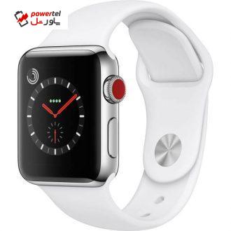 ساعت هوشمند اپل واچ سری 3 سلولار مدل 38mm Stainless Steel Case with Soft White Sport Band