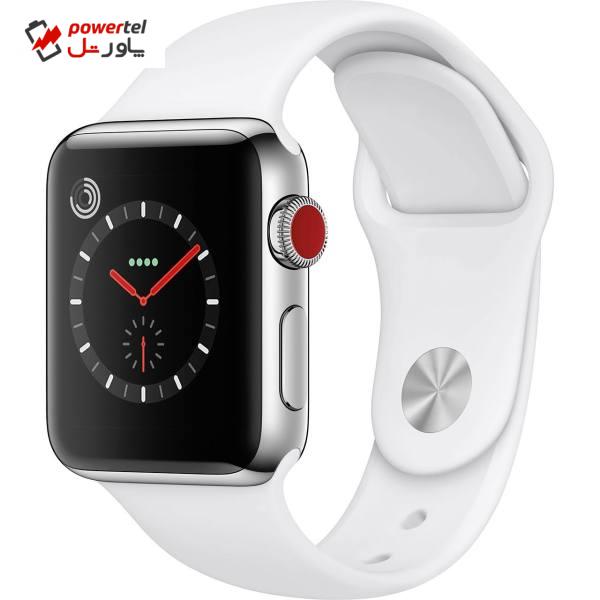 قیمت و خرید ساعت هوشمند اپل واچ سری 3 سلولار مدل 38mm Stainless Steel Case  with Soft White Sport Band - پاورتل
