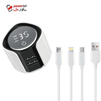 شارژر دیواری تری بی اس مدل24W01 به همراه کابل تبدیل Micro USB/لایتنینگ/USB-C شارژر دیواری تری بی اس مدل24W01 به همراه کابل تبدیل Micro USB/لایتنینگ/USB-C