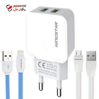 شارژر دیواری کینگ استار مدل K202A به همراه کابل لایتینگ و microUSB