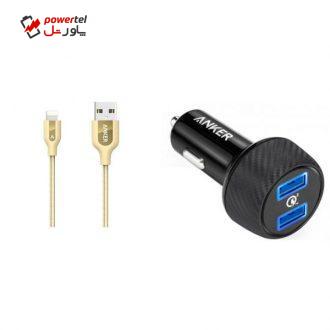 شارژر فندکی انکر مدل A2228 PowerDrive Speed 2 Ports With Quick Charge 3.0 به همراه کابل تبدیل لایتنینگ