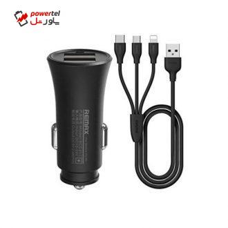 شارژر فندکی ریمکس مدل RCC217 به همراه کابل تبدیل USB-C/microUSB/لایتنینگ