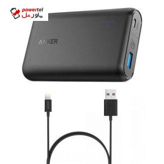 شارژر همراه انکر مدل A1266 PowerCore QC 3.0 ظرفیت 10000 میلی آمپر ساعت به همراه کابل لایتنینگ