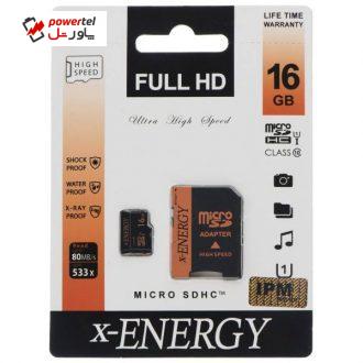 کارت حافظه‌ microSDHC اکس-انرژی مدل IPM کلاس 10 استاندارد U1 سرعت 80MBps همراه با آداپتور SD ظرفیت 16 گیگابایت