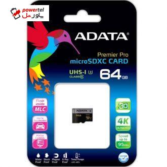 کارت حافظه‌ microSDXC ای دیتا مدل Premier Pro کلاس 10 استاندارد UHS-I U3 سرعت 95MBps ظرفیت 64 گیگابایت
