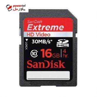 کارت حافظه SDHC سن دیسک مدل Extreme HD Video کلاس 10 استاندارد UHS-I U1 سرعت 30MBps همراه با آداپتور SD ظرفیت 16 گیگابایت کارت حافظه SDHC سن دیسک مدل Extreme HD Video کلاس 10 استاندارد UHS-I U1 سرعت 30MBps همراه با آداپتور SD ظرفیت 16 گیگابایت