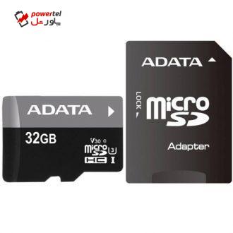کارت حافظه microSDHC ای دیتا مدل Premier Pro V30 کلاس 10 استاندارد UHS-I U3 سرعت 95MBps همراه با آداپتور SD ظرفیت 32 گیگابایت
