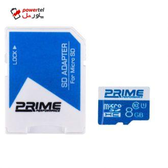 کارت حافظه microSDHC پرایم کلاس 10 استاندارد UHS-I U1 سرعت 48MBps همراه با آداپتور SD ظرفیت 8 گیگابایت