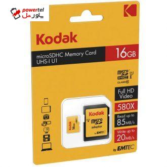 کارت حافظه microSDHC کداک مدل UHS-I U1 کلاس 10 سرعت 85MBps همراه با آداپتور ظرفیت 16 گیگابایت