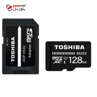 کارت حافظه microSDXC توشیبا مدل M203 کلاس 10 استاندارد UHS-I U1 سرعت 100MBps ظرفیت 128 گیگابایت به همراه آداپتور SD کارت حافظه microSDXC توشیبا مدل M203 کلاس 10 استاندارد UHS-I U1 سرعت 100MBps ظرفیت 128 گیگابایت به همراه آداپتور SD