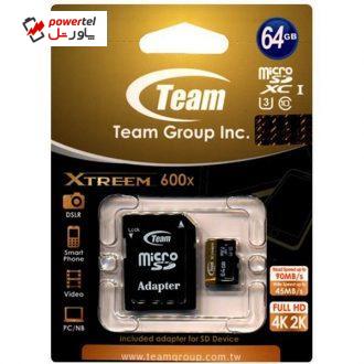 کارت حافظه microSDXC تیم گروپ مدل Xtreem کلاس 10 استاندارد UHS-I U3 سرعت 90MBps 600X ظرفیت 64 گیگابایت کارت حافظه microSDXC تیم گروپ مدل Xtreem کلاس 10 استاندارد UHS-I U3 سرعت 90MBps 600X ظرفیت 64 گیگابایت