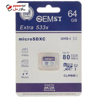 کارت حافظه microSDXC جم اس تی مدل Extra 533x کلاس 10 استاندارد UHS-I سرعت 80MBps ظرفیت 64 گیگابایت کارت حافظه microSDXC جم اس تی مدل Extra 533x کلاس 10 استاندارد UHS-I سرعت 80MBps ظرفیت 64 گیگابایت