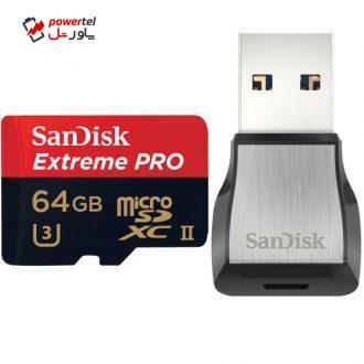 کارت حافظه microSDXC سن دیسک مدل Extreme PRO کلاس 10 استاندارد UHS-II U3 سرعت 275MBps همراه با ریدر USB 3.0 ظرفیت 64 گیگابایت کارت حافظه microSDXC سن دیسک مدل Extreme PRO کلاس 10 استاندارد UHS-II U3 سرعت 275MBps همراه با ریدر USB 3.0 ظرفیت 64 گیگابایت