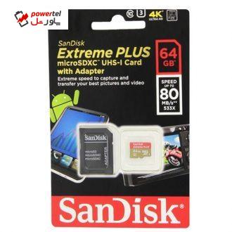 کارت حافظه microSDXC سن دیسک مدل Extreme Plus کلاس 10 استاندارد UHS-I U3 سرعت 80MBps 533X همراه با آداپتور SD ظرفیت 64 گیگابایت کارت حافظه microSDXC سن دیسک مدل Extreme Plus کلاس 10 استاندارد UHS-I U3 سرعت 80MBps 533X همراه با آداپتور SD ظرفیت 64 گیگابایت