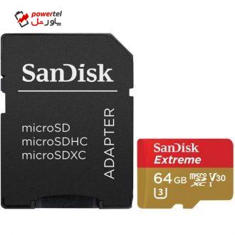 کارت حافظه microSDXC سن دیسک مدل Extreme V30 کلاس 10 استاندارد UHS-I U3 سرعت 90MBps 600X همراه با آداپتور SD ظرفیت 64 گیگابایت کارت حافظه microSDXC سن دیسک مدل Extreme V30 کلاس 10 استاندارد UHS-I U3 سرعت 90MBps 600X همراه با آداپتور SD ظرفیت 64 گیگابایت