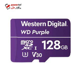 کارت حافظه microSDXC وسترن دیجیتال مدل Purple V30 کلاس 10 استاندارد UHS-I U3 سرعت 100MBps ظرفیت 128 گیگابایت به همراه آداپتور SD
