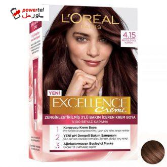 کیت رنگ مو لورآل مدل Excellence شماره 4.15 حجم 48 میلی لیتر رنگ قهوه ای ماهاگونی