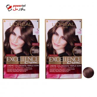 کیت رنگ مو لورآل مدل Excellence شماره 5 رنگ قهوه ای تیره مجموعه 2 عددی کیت رنگ مو لورآل مدل Excellence شماره 5 رنگ قهوه ای تیره مجموعه 2 عددی