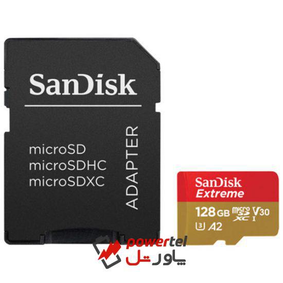 کارت حافظه microSDHC سن دیسک مدل Extreme  A2 کلاس 10 استاندارد UHS-I سرعت 160MBps ظرفیت 128 گیگابایت به همراه آداپتور SD