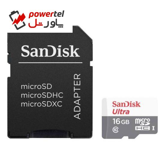 کارت حافظه microSDHC سن دیسک مدل Ultra  کلاس 10 استاندارد UHS-I سرعت 80MBps  همراه با آداپتور SD ظرفیت 16 گیگابایت
