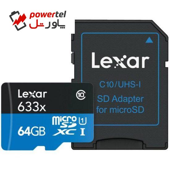کارت حافظه‌ microSDXC لکسار مدل High-Performance کلاس 10 استاندارد UHS-I U1 سرعت 95MBps 633X همراه با آداپتور SD ظرفیت 64 گیگابایت
