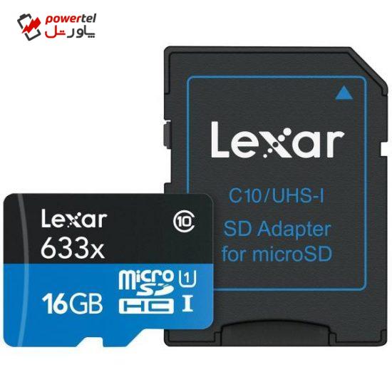 کارت حافظه‌ microSDHC لکسار مدل High-Performance کلاس 10 استاندارد UHS-I U1 سرعت 95MBps 633X همراه با آداپتور SD ظرفیت 16 گیگابایت