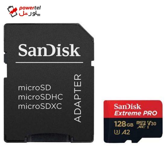 کارت حافظه microSDXC سن دیسک مدل Extreme PRO کلاس A2 استاندارد UHS-I U3 سرعت 170MBs ظرفیت 128 گیگابایت به همراه آداپتور SD