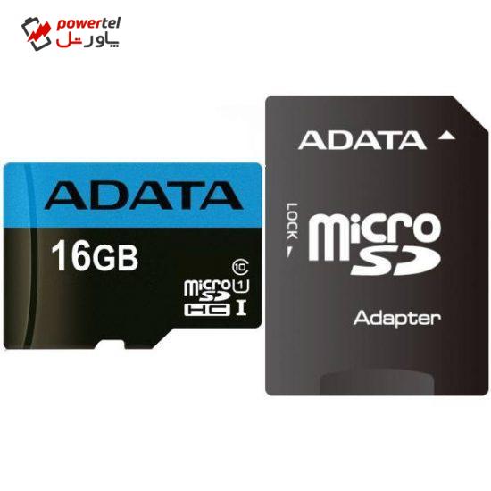 کارت حافظه‌ microSDHC ای دیتا مدل Premier کلاس 10 استاندارد UHS-I U1 سرعت 85MBps همراه با آداپتور SD ظرفیت 16 گیگابایت