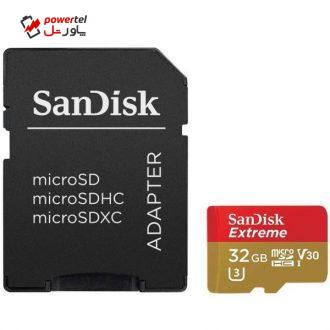 کارت حافظه microSDHC سن دیسک مدل Extreme V30 کلاس 10 استاندارد UHS-I U3 سرعت 90MBps همراه با آداپتور SD ظرفیت 32 گیگابایت