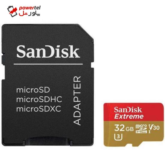 کارت حافظه microSDHC سن دیسک مدل Extreme V30 کلاس 10 استاندارد UHS-I U3 سرعت 90MBps همراه با آداپتور SD ظرفیت 32 گیگابایت