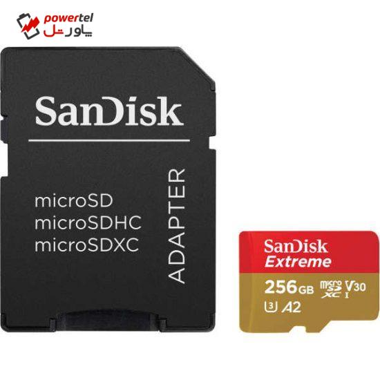 کارت حافظه microSDXC سن دیسک مدل Extreme کلاس A2 استاندارد UHS-I U3 سرعت 160MBps ظرفیت 256 گیگابایت به همراه آداپتور SD