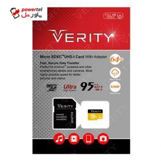 کارت حافظه microSDHC وریتی کلاس 10 استاندارد UHS-I U1 سرعت 95MBps همراه با آداپتور SD ظرفیت 64 گیگابایت