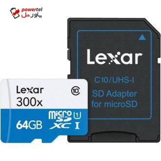 کارت حافظه‌ microSDXC لکسار مدل High-Performance کلاس 10 استاندارد UHS-I U1 سرعت 45MBps 300X همراه با آداپتور SD ظرفیت 64 گیگابایت