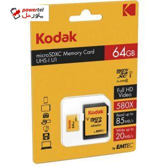 کارت حافظه microSDXC کداک مدل UHS-I U1 کلاس 10 سرعت 85MBps همراه با آداپتور ظرفیت 64 گیگابایت کارت حافظه microSDXC کداک مدل UHS-I U1 کلاس 10 سرعت 85MBps همراه با آداپتور ظرفیت 64 گیگابایت