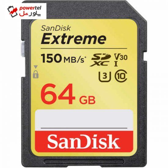 کارت حافظه SDXC سن دیسک مدل Extreme  V30 کلاس 10 استاندارد UHS-1 U3 سرعت 150mbps ظرفیت 64 گیگابایت