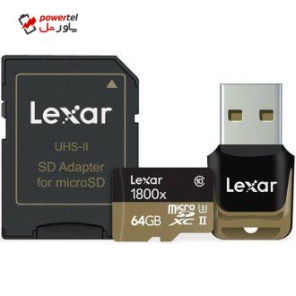 کارت حافظه microSDXC لکسار مدل Professional کلاس 10 استاندارد UHS-II U3 سرعت 1800X همراه با ریدر USB 3.0 و آداپتور – ظرفیت 64 گیگابایت
