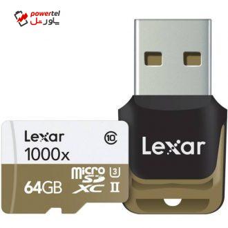 کارت حافظه microSDXC لکسار مدل Professional کلاس 10 استاندارد UHS-II U3 سرعت 1000X همراه با ریدر USB 3.0 ظرفیت 64 گیگابایت