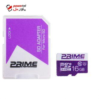 کارت حافظه microSDHC پرایم کلاس 10 استاندارد UHS-I U1 سرعت 85MBps همراه با آداپتور SD ظرفیت 16 گیگابایت کارت حافظه microSDHC پرایم کلاس 10 استاندارد UHS-I U1 سرعت 85MBps همراه با آداپتور SD ظرفیت 16 گیگابایت