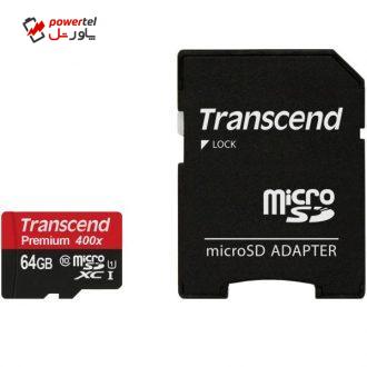 کارت حافظه microSDXC ترنسند مدل Premium کلاس 10 استاندارد UHS-I U1 سرعت 60MBps 400X همراه با آداپتور SD ظرفیت 64 گیگابایت