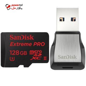 کارت حافظه microSDXC سن دیسک مدل Extreme PRO کلاس 10 استاندارد UHS-II U3 سرعت 275MBps همراه با ریدر USB 3.0 ظرفیت 128 گیگابایت