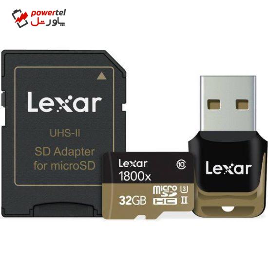 کارت حافظه microSDHC لکسار مدل Professional کلاس 10 استاندارد UHS-II U3 سرعت 1800X همراه با ریدر USB 3.0 و آداپتور - ظرفیت 32 گیگابایت