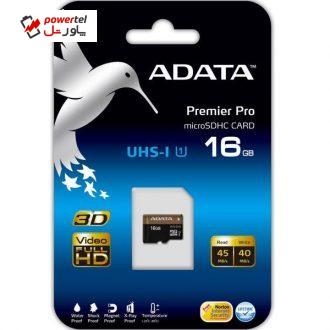 کارت حافظه‌ microSDHC ای دیتا مدل Premier Pro کلاس 10 استاندارد UHS-I U1 سرعت 45MBps ظرفیت 16 گیگابایت