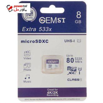 کارت حافظه microSDXC جم اس تی مدل Extra 533x کلاس 10 استاندارد UHS-I سرعت 80MBps ظرفیت 8 گیگابایت کارت حافظه microSDXC جم اس تی مدل Extra 533x کلاس 10 استاندارد UHS-I سرعت 80MBps ظرفیت 8 گیگابایت