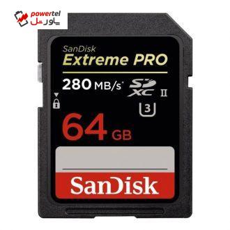 کارت حافظه SDXC سن دیسک مدل Extreme Pro کلاس 10 استاندارد UHS-II U3 سرعت 1867X 280MBps ظرفیت 64 گیگابایت کارت حافظه SDXC سن دیسک مدل Extreme Pro کلاس 10 استاندارد UHS-II U3 سرعت 1867X 280MBps ظرفیت 64 گیگابایت