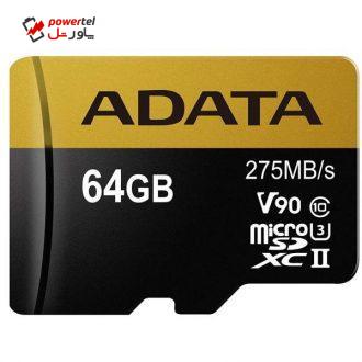 کارت حافظه microSDXC ای دیتا مدل Premier ONE V90 کلاس 10 استاندارد UHS-II U3 سرعت 275MBps ظرفیت 64 گیگابایت