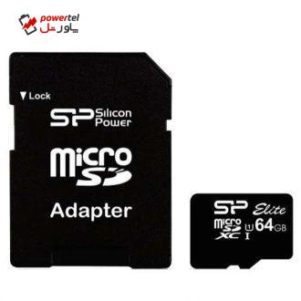 کارت حافظه microSDHC سیلیکون پاور مدل Elite کلاس 10 استاندارد UHS-I U1 سرعت 40MBps ظرفیت 64 گیگابایت به همراه آداپتور کارت حافظه microSDHC سیلیکون پاور مدل Elite کلاس 10 استاندارد UHS-I U1 سرعت 40MBps ظرفیت 64 گیگابایت به همراه آداپتور