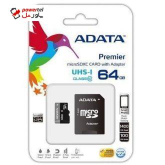 کارت حافظه microSDXC ای دیتا مدل Premier کلاس 10 استاندارد UHS-I U1 به همراه آداپتور SD ظرفیت 64 گیگابایت کارت حافظه microSDXC ای دیتا مدل Premier کلاس 10 استاندارد UHS-I U1 به همراه آداپتور SD ظرفیت 64 گیگابایت